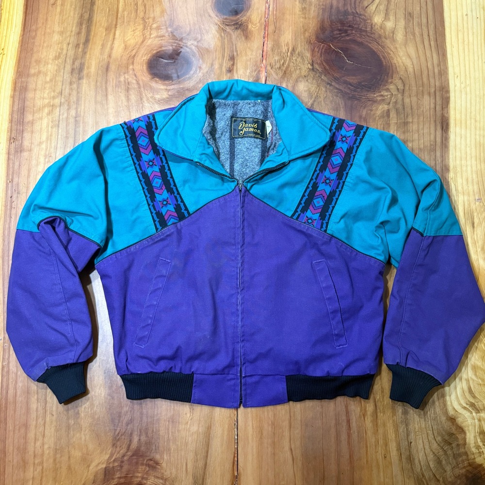 Vintage 90s Davis James Jacket M Blanket Lined Western Aztec Zip Coat Cotton
